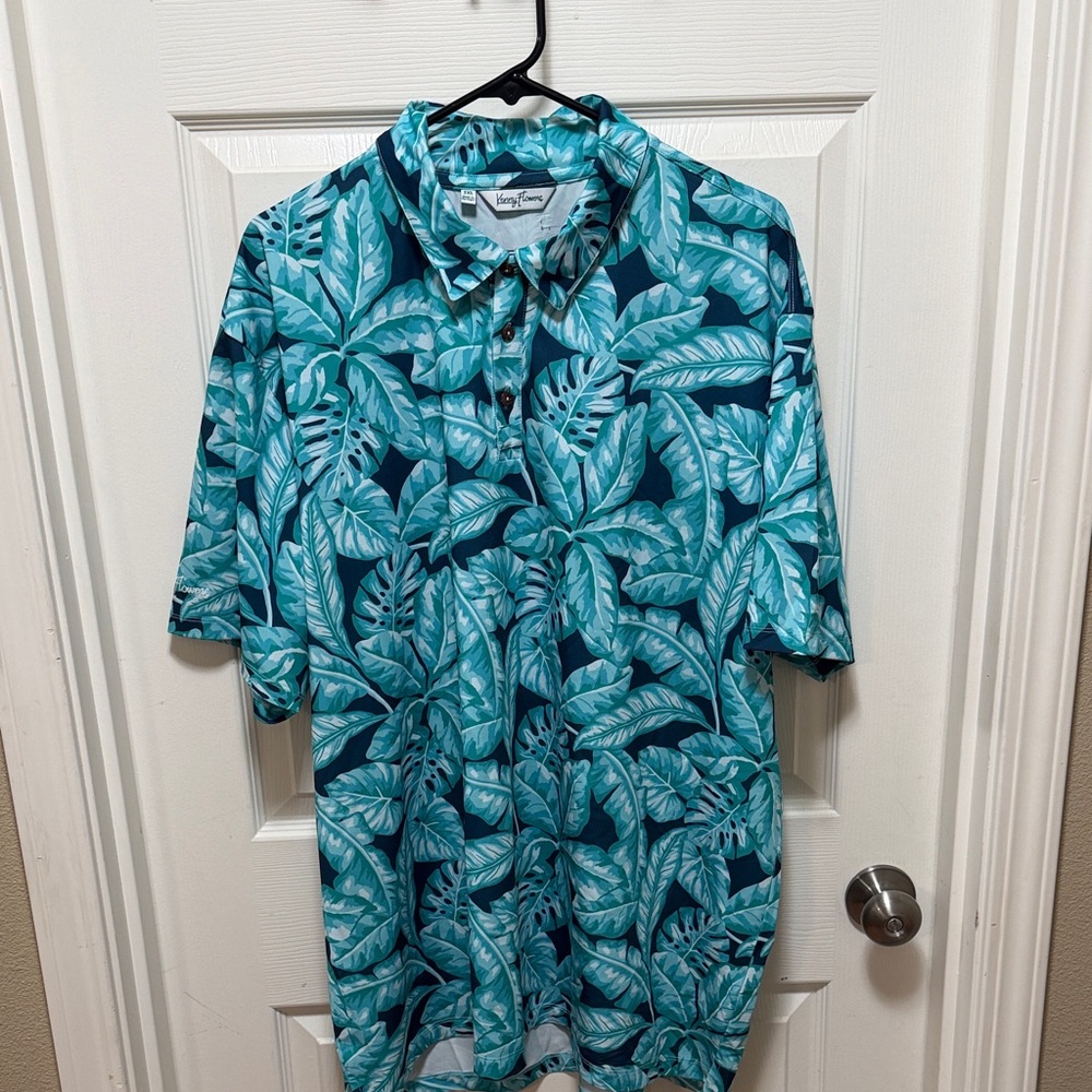 Kenny Flowers Blue and Green Leaf Print Polo Shirt